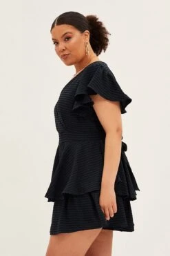 Dark Navy Short Playsuit Flare Sleeve Textured Stripe -You And All Fashion Store cep31409 35ab green 4