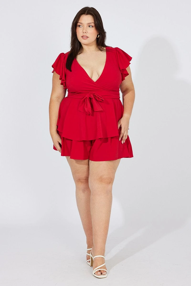 Red Short Playsuit Textured Flutter Sleeve Tie Waist 2 Red Short Playsuit Textured Flutter Sleeve Tie Waist - Image 2