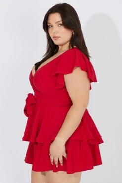 Red Short Playsuit Textured Flutter Sleeve Tie Waist 9 Red Short Playsuit Textured Flutter Sleeve Tie Waist -You And All Fashion Store cep31409b 35a red 4
