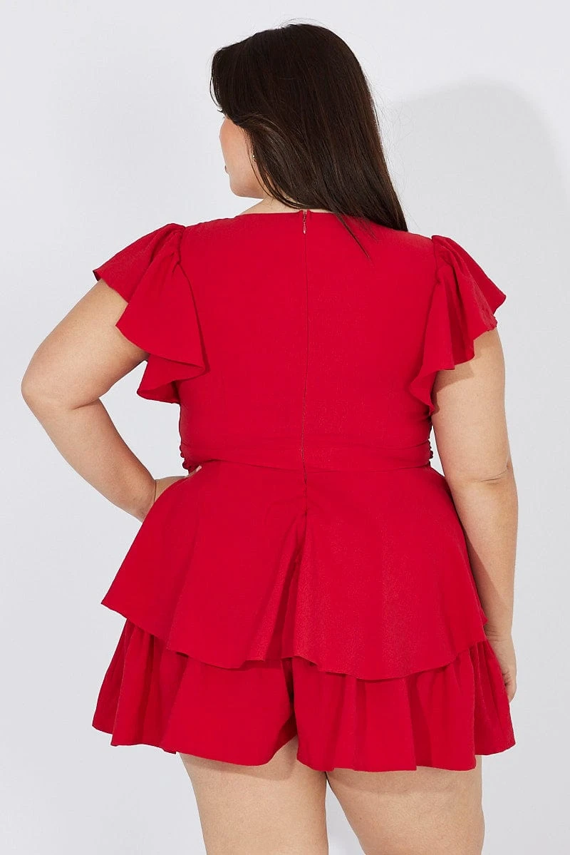 Red Short Playsuit Textured Flutter Sleeve Tie Waist 5 Red Short Playsuit Textured Flutter Sleeve Tie Waist - Image 5