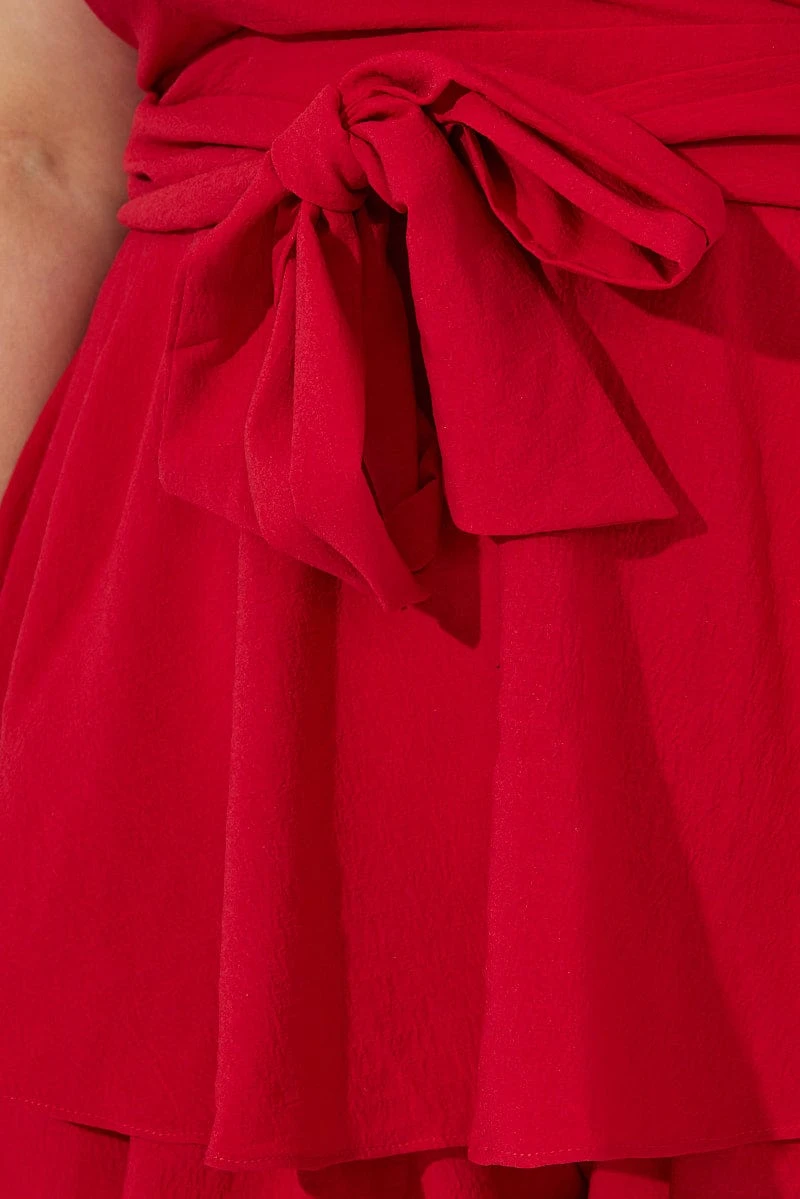 Red Short Playsuit Textured Flutter Sleeve Tie Waist 6 Red Short Playsuit Textured Flutter Sleeve Tie Waist - Image 6