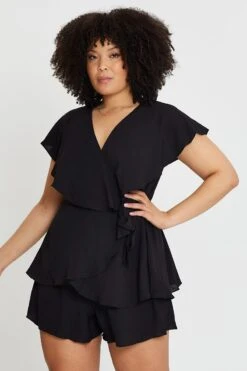 Black Short Sleeve Blue Frill Playsuit