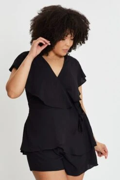 Black Short Sleeve Blue Frill Playsuit -You And All Fashion Store cep31413 33a black 3 1