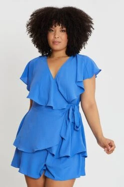 Mid Blue Short Sleeve Blue Frill Playsuit