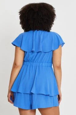 Mid Blue Short Sleeve Blue Frill Playsuit -You And All Fashion Store cep31413 33a mid blue 5