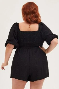 Black 3/4 Sleeve Shirred Bodice Playsuit -You And All Fashion Store cep31418 35a black 5 5