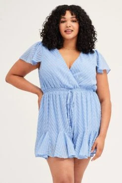 Mid Blue Textured Flutter Sleeve Playsuit