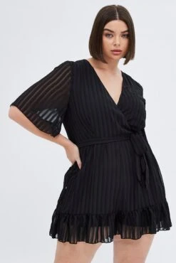 Black Frill Playsuit Short Sleeve Stripe