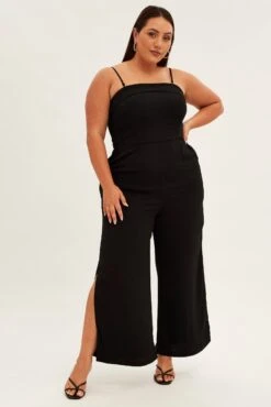 Black Strapless Jumpsuit Detachable Straps Split Leg