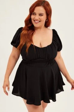 Black Tie Playsuit Short Sleeve Sweetheart Neck