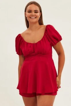 Red Tie Playsuit Short Sleeve Sweetheart Neck -You And All Fashion Store cep31856 35ab wine 3