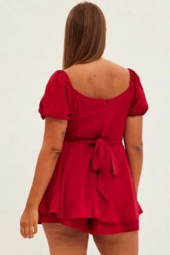 Red Tie Playsuit Short Sleeve Sweetheart Neck -You And All Fashion Store cep31856 35ab wine 4
