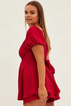 Red Tie Playsuit Short Sleeve Sweetheart Neck -You And All Fashion Store cep31856 35ab wine 5