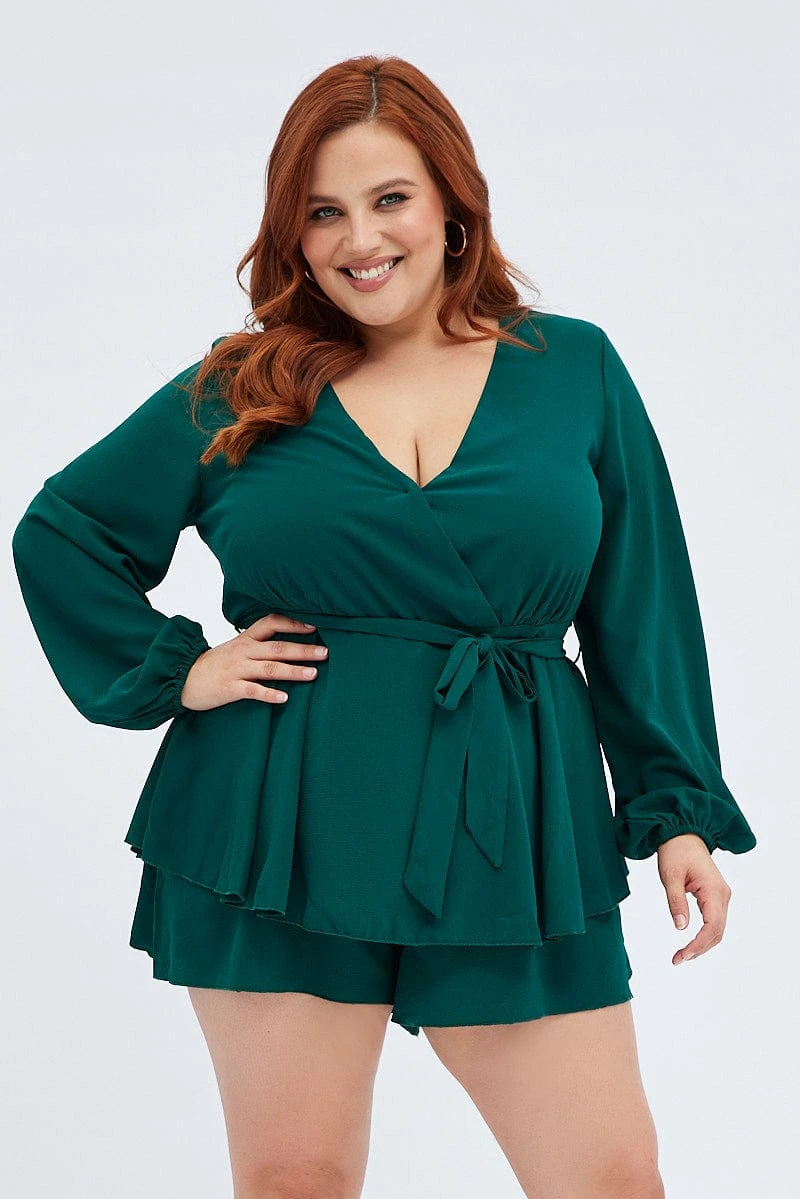 Green Short Playsuit Textured Crepe Long Sleeve Waist 1 Green Short Playsuit Textured Crepe Long Sleeve Waist
