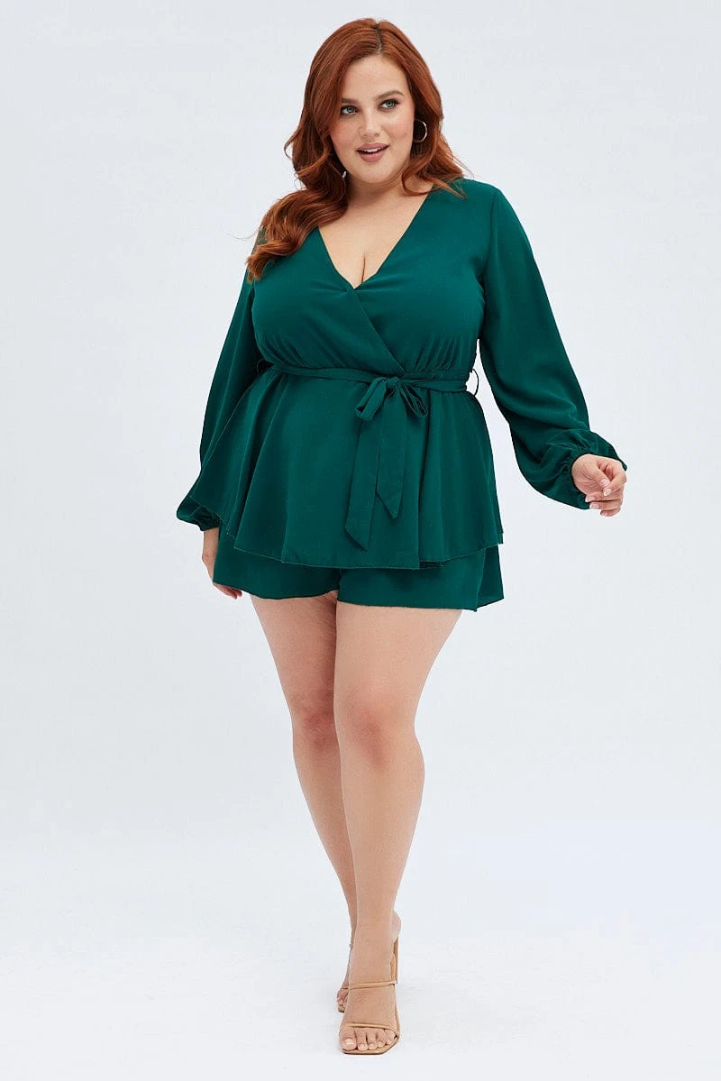 Green Short Playsuit Textured Crepe Long Sleeve Waist 2 Green Short Playsuit Textured Crepe Long Sleeve Waist - Image 2