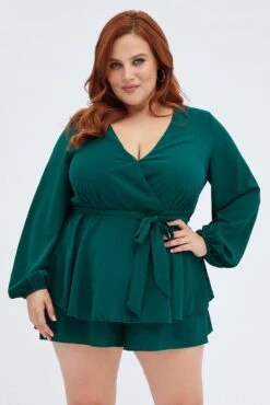 Green Short Playsuit Textured Crepe Long Sleeve Waist 8 Green Short Playsuit Textured Crepe Long Sleeve Waist -You And All Fashion Store cep32038 59ab forest 3