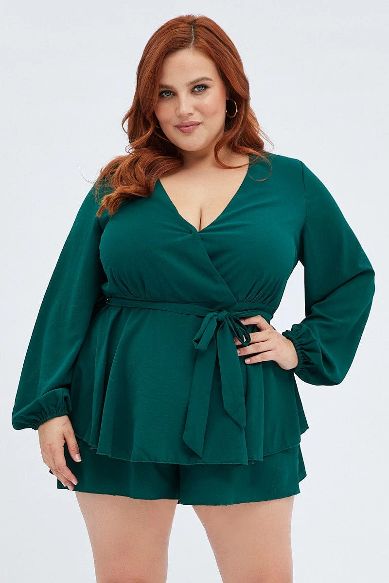 Green Short Playsuit Textured Crepe Long Sleeve Waist 3 Green Short Playsuit Textured Crepe Long Sleeve Waist - Image 3