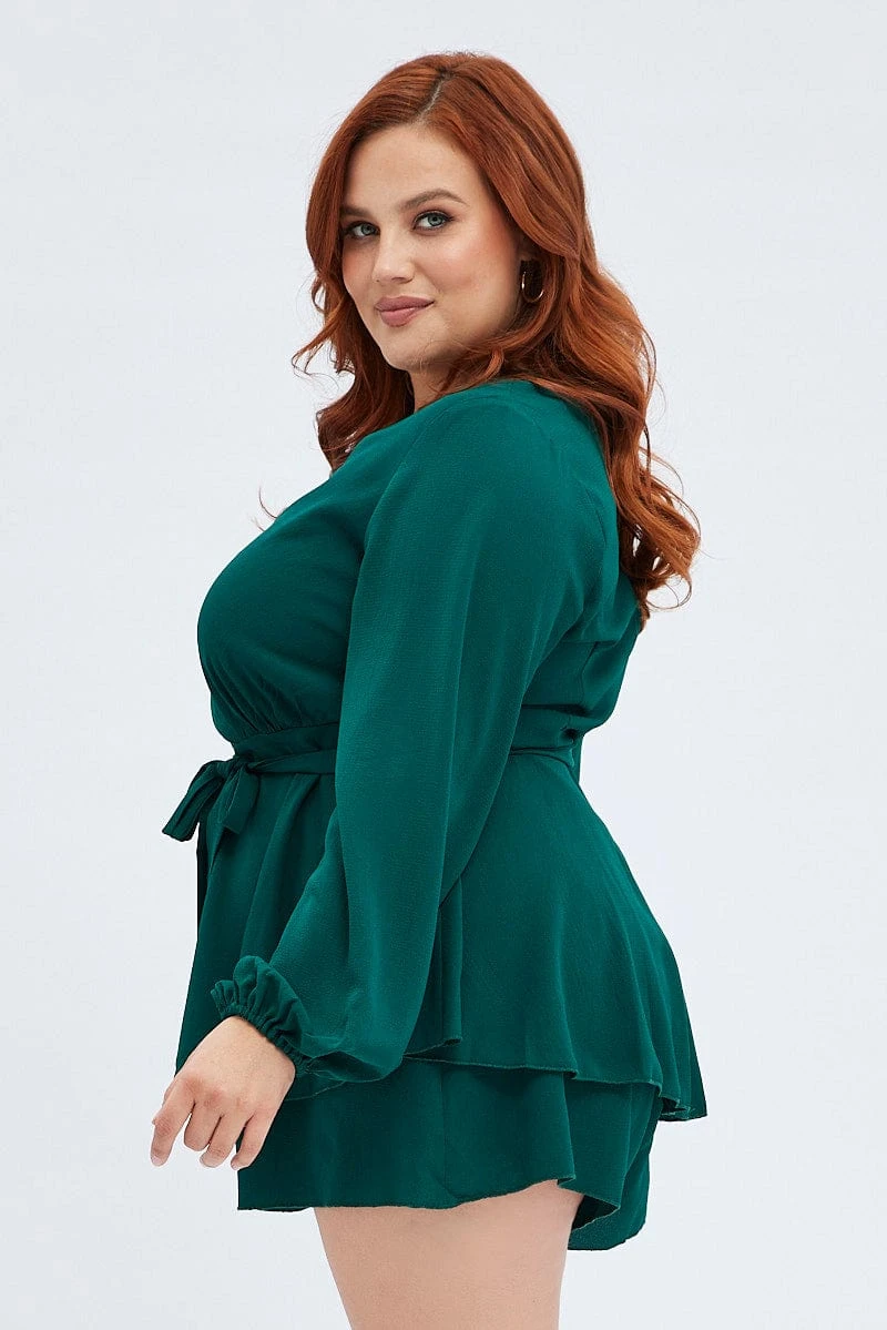 Green Short Playsuit Textured Crepe Long Sleeve Waist 4 Green Short Playsuit Textured Crepe Long Sleeve Waist - Image 4