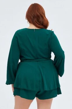 Green Short Playsuit Textured Crepe Long Sleeve Waist 10 Green Short Playsuit Textured Crepe Long Sleeve Waist -You And All Fashion Store cep32038 59ab forest 5