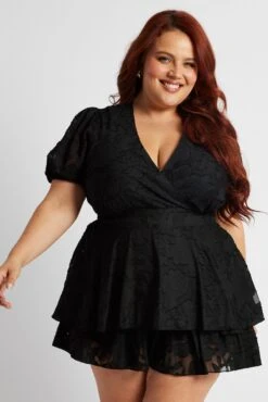 Black Puff Sleeve Jacquard Playsuit Tie Waist -You And All Fashion Store cep32039 34ab black 3