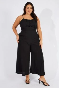 Black Shoestring Strap Wide Leg Jumpsuit