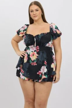 Black Floral Ruched Playsuit Short Sleeve -You And All Fashion Store cep3385a 35r floral 3
