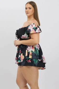 Black Floral Ruched Playsuit Short Sleeve -You And All Fashion Store cep3385a 35r floral 4