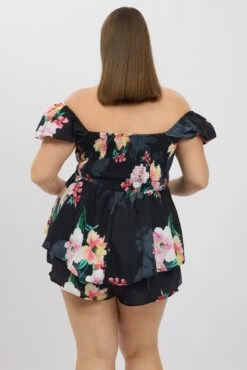Black Floral Ruched Playsuit Short Sleeve -You And All Fashion Store cep3385a 35r floral 5