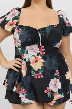 Black Floral Ruched Playsuit Short Sleeve -You And All Fashion Store cep3385a 35r floral 6