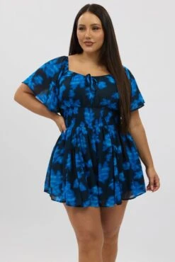 Blue Abstract Ruffle Playsuit Short Sleeve Chiffon -You And All Fashion Store cep3535c 35rb abstract 3