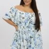 Blue Floral Playsuit Short Sleeve Ruched Bust