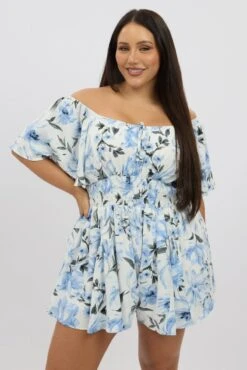 Blue Floral Playsuit Short Sleeve Ruched Bust