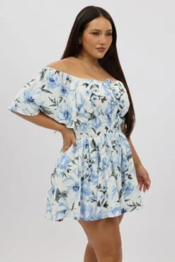 Blue Floral Playsuit Short Sleeve Ruched Bust -You And All Fashion Store cep3535e 35r floral 4