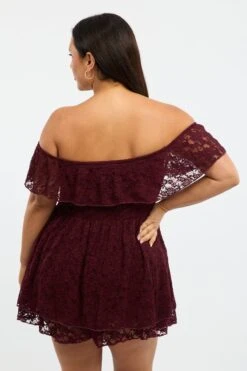 Red Playsuit Short Sleeve Off Shoulder Lace -You And All Fashion Store cep3727 47r burgundy 4