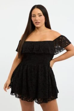 Black Playsuit Short Sleeve Off Shoulder Lace