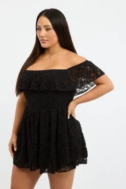Black Playsuit Short Sleeve Off Shoulder Lace -You And All Fashion Store cep3727 47rb black 3