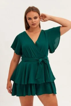 Green Short Playsuit Frill Leg Waist Tie Crepe