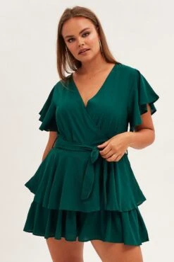 Green Short Playsuit Frill Leg Waist Tie Crepe -You And All Fashion Store cep6695e 34ab forest 3