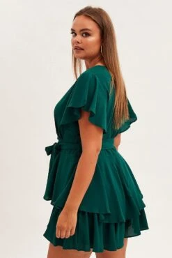 Green Short Playsuit Frill Leg Waist Tie Crepe -You And All Fashion Store cep6695e 34ab forest 4