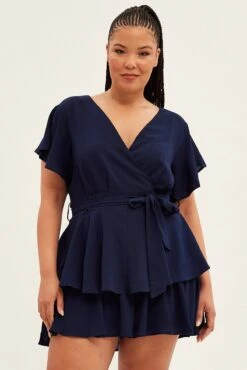 Blue Short Playsuit Frill Leg Waist Tie Crepe -You And All Fashion Store cep6695e 34ab navy 3