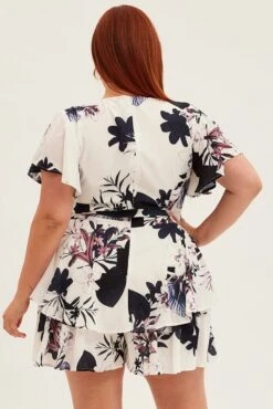 White Floral Short Playsuit Party V-neck Waist Tie Crepe -You And All Fashion Store cep6695j 34ab floral 5