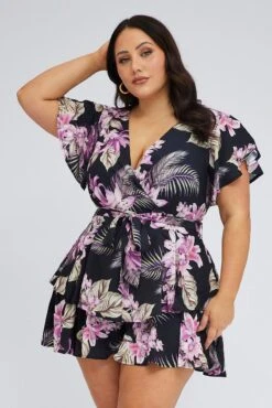 Multi Floral Short Playsuit Flare Sleeve Crepe Tropical