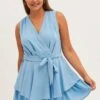 Blue Frill Playsuit Sleeveless V-neck Poly Crepe