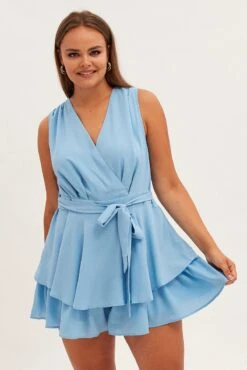 Blue Frill Playsuit Sleeveless V-neck Poly Crepe