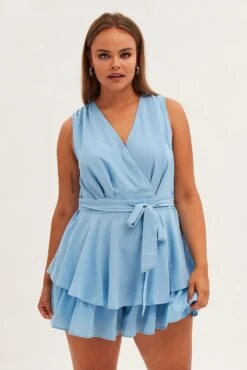 Blue Frill Playsuit Sleeveless V-neck Poly Crepe -You And All Fashion Store cep8585 33a blue 3