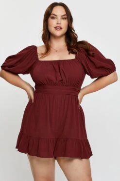 Brown Playsuit Puff Sleeve Square Neck Ruffle Hem -You And All Fashion Store cepc8146 36a chocolate 3