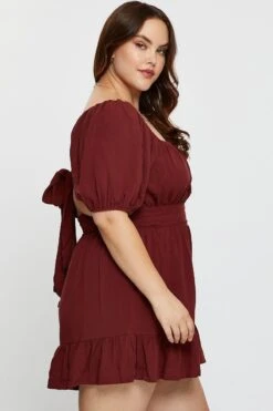 Brown Playsuit Puff Sleeve Square Neck Ruffle Hem -You And All Fashion Store cepc8146 36a chocolate 4