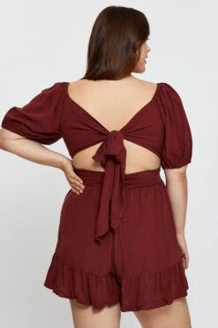 Brown Playsuit Puff Sleeve Square Neck Ruffle Hem -You And All Fashion Store cepc8146 36a chocolate 5