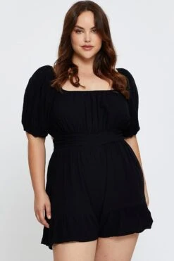 Black Playsuit Puff Sleeve Square Neck Ruffle Hem