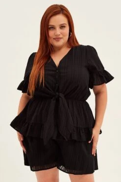 Black Short Playsuit Flare Sleeve Tie Front -You And All Fashion Store cepk31782 36a black 3